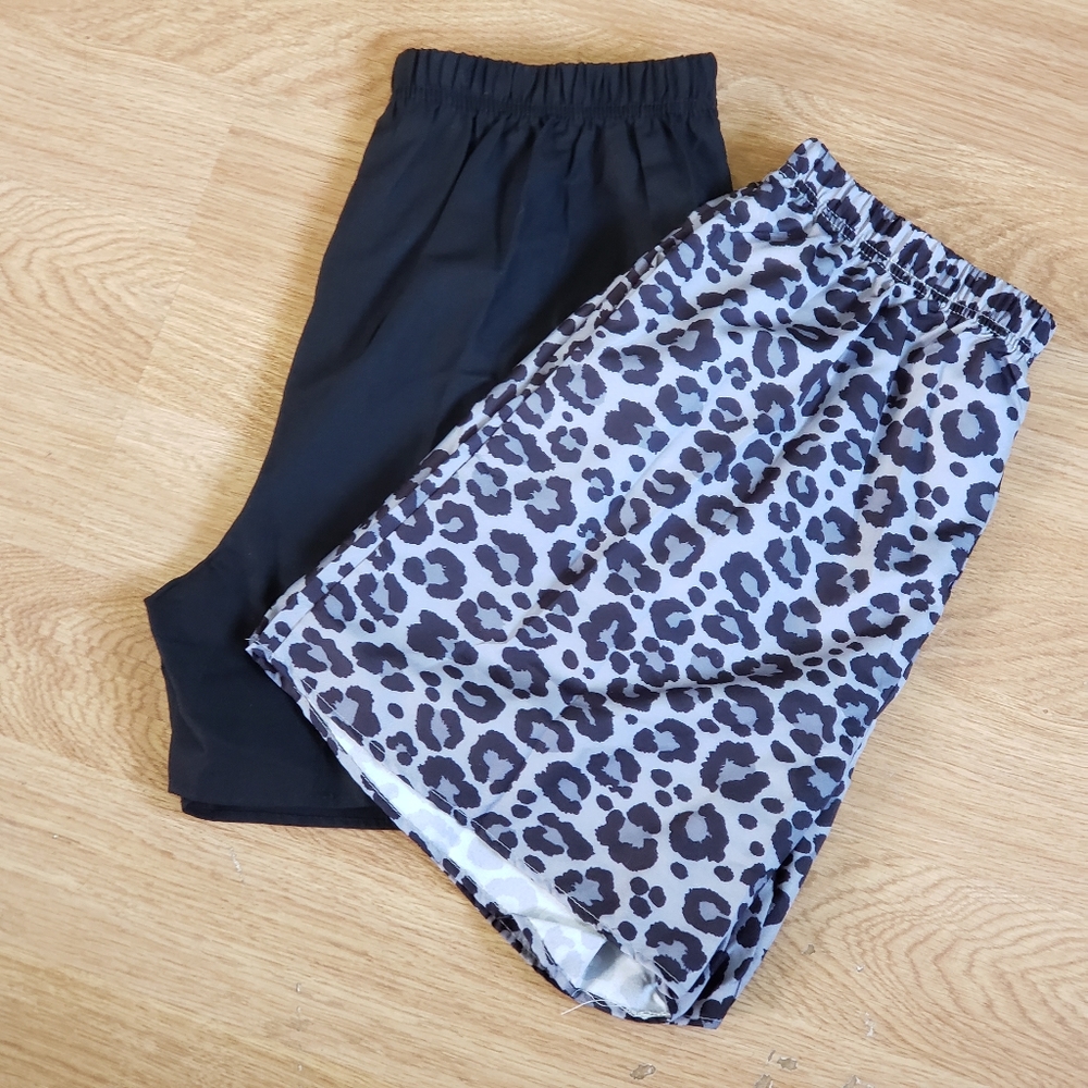 2 Stretchy Grey Leopard and Black Light Fabric Shorts Bundle